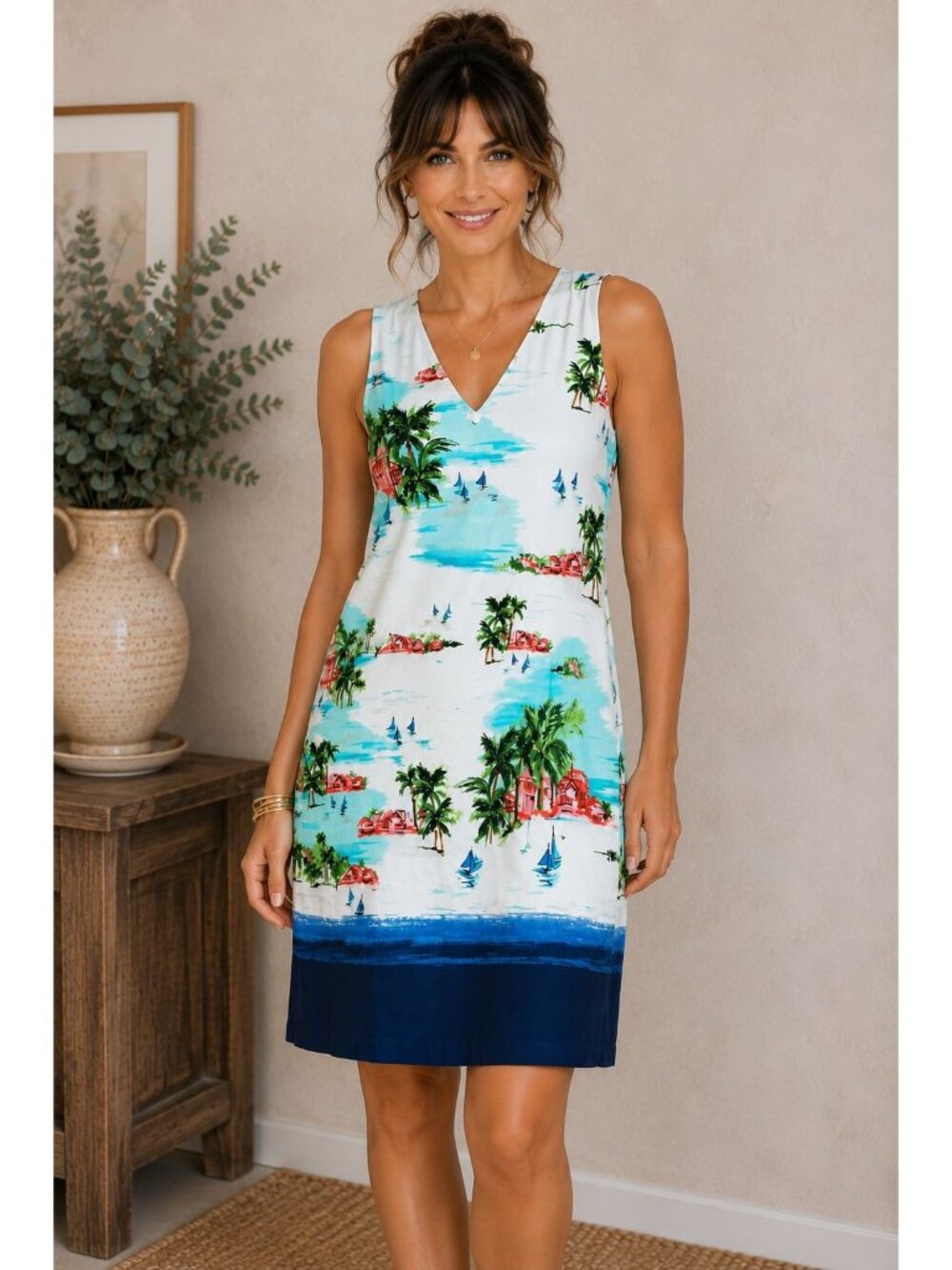 NWT Chetta B Women's Coastal Scenic Island Print Sleeveless Sheath Dress Size 14